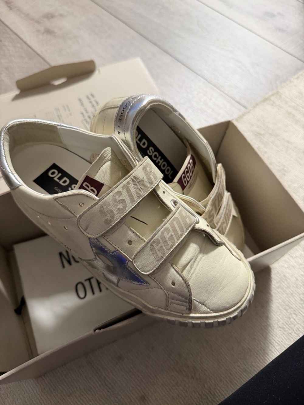 Golden Goose White and Silver Velcro Sneakers